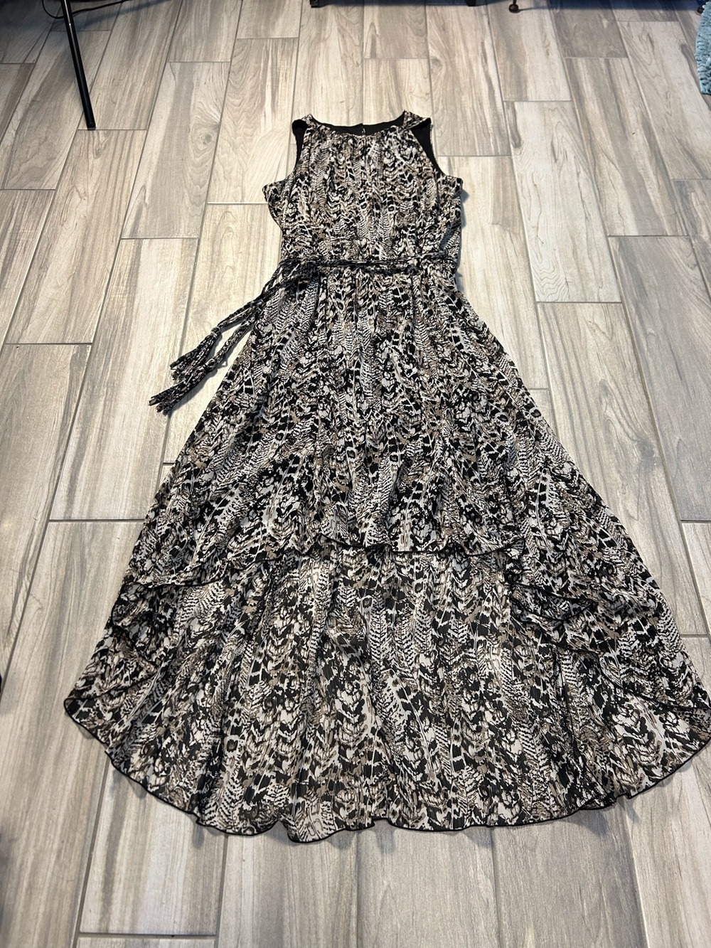 High Low Maxi Tank Dress 12 Tan Black White Abstract Print Tassel Belt  Boho